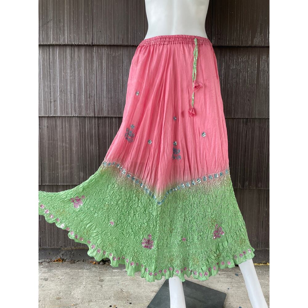 🔥Pink Pastel Sequins Crinkle Silky Hi Low Maxi Skirt Gypsy Bohemian Festival SM
